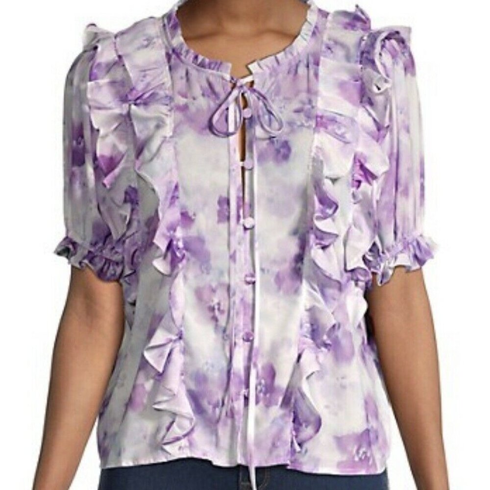 For Love and Lemons NWT Women's Purple ZINNIA Floral Ruffle Blouse, Size Small